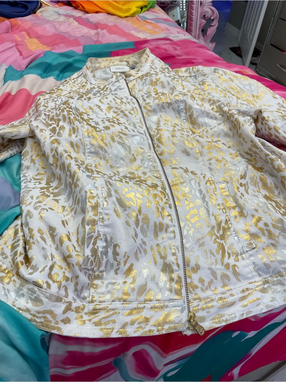 Chico's White Jacket with Gold Metallic Animal Print